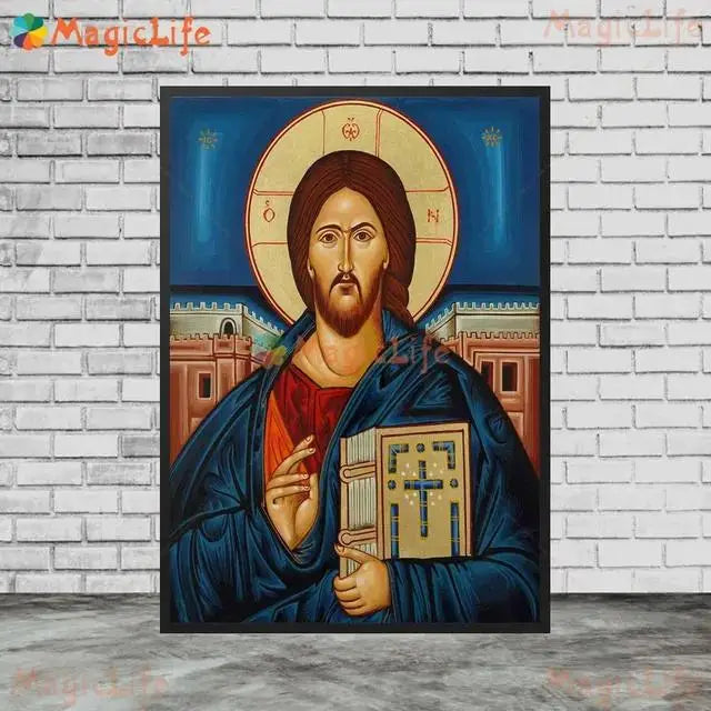 Christ Blessing Icon Orthodox Pantocrator Wall Art Unframed Canvas Painting for Church Room Decor