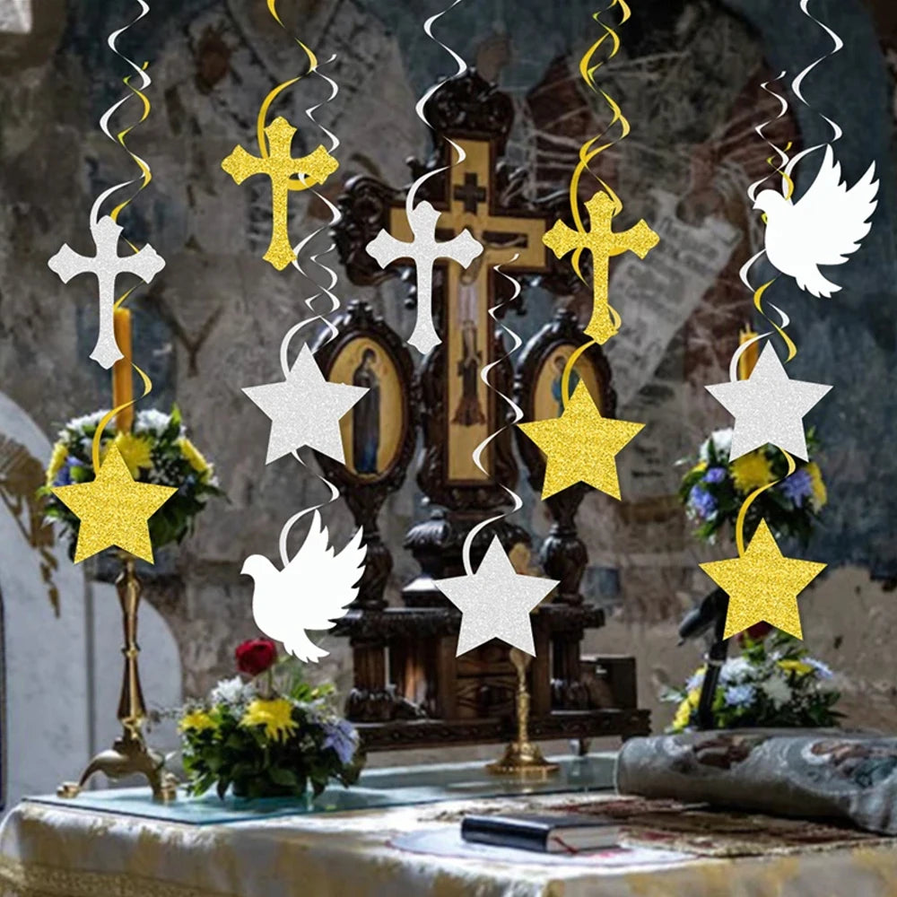Religious Party Decor Set First Communion Baptism Hanging Swirls & Wooden Confetti Cross Dove Star for Christian Party Supplies