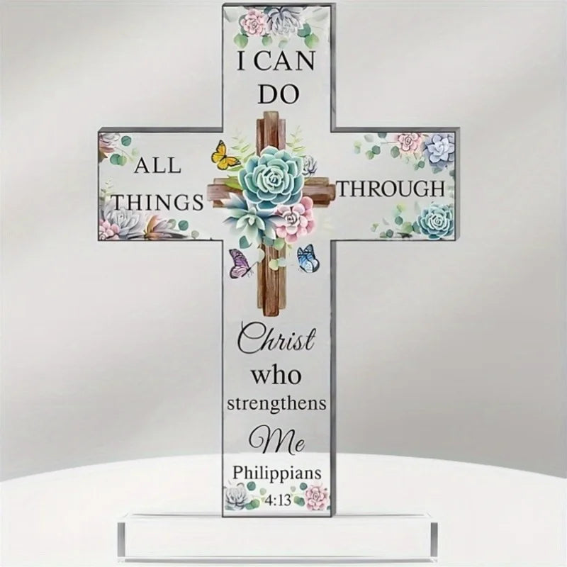 Christian Standing Cross (Acrylic) – Sunflower & Bible Verse, Inspirational Home Decor Gift