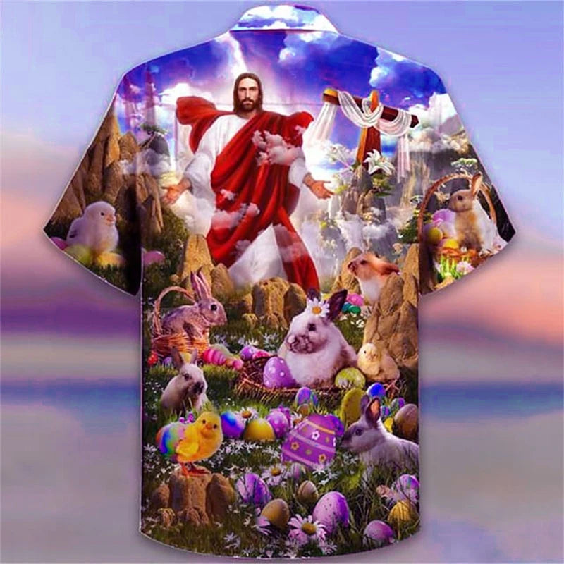 Jesus Christ Animal Shirts For Men Hawaiian 3d Printed Pattern Christians Mary Crucified Breathable Beach Casual Short Sleeved