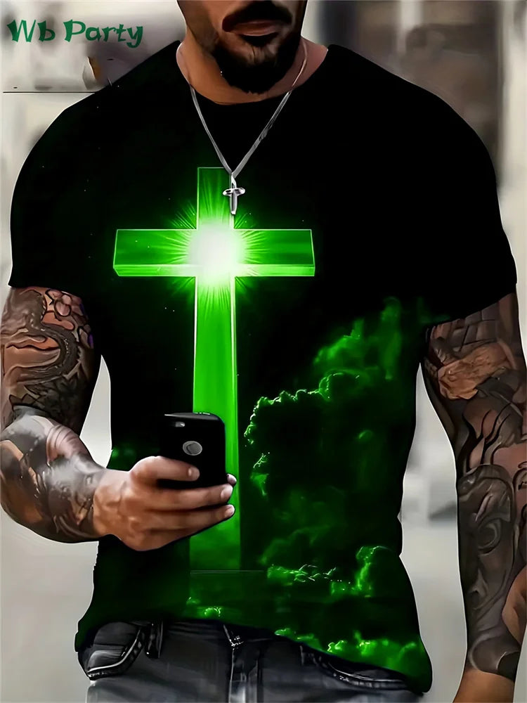Fashion Crucifix Print Mens Clothing Round Neck T-shirts for Men Casual Loose Men's Clothing Street Crucifix Graphic T shirts