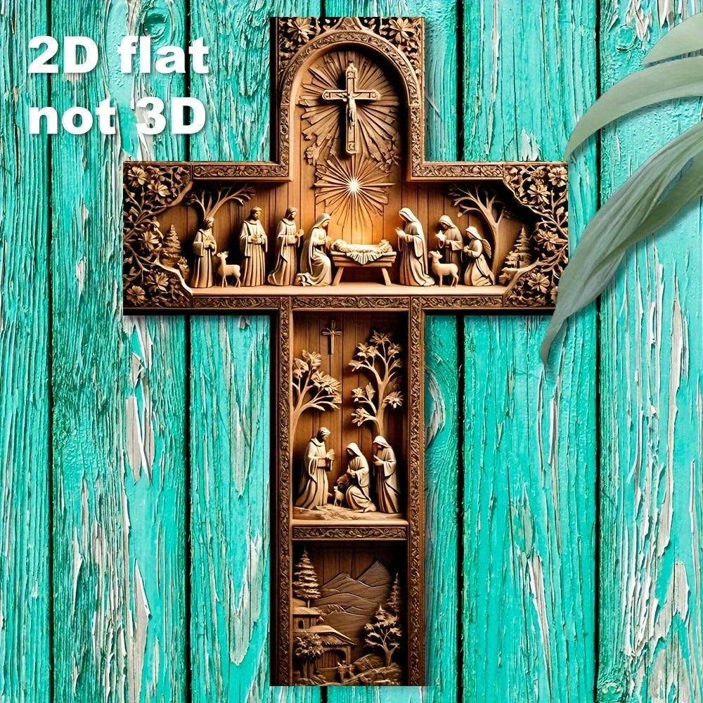 2D Flat Cross-Shaped Wall Decoration Jesus Christ Recycled Wood Christian Religion Artistic Scene Home Decor Faith-Based Design