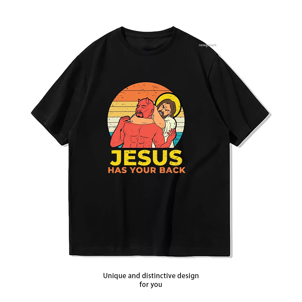 Jesus Has Your Back Jiu Jitsu Retro Christian Funny T-shirt Woman Man Summer O-neck Breathable Graphic T Shirts Casual Tops