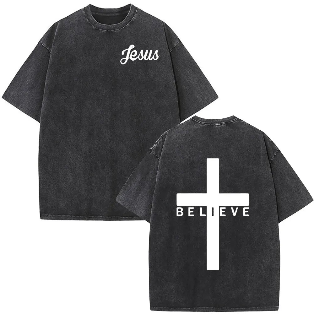 Jesus Is King Christian Graphic Vintage Washed T Shirt Fashion Hip Hop Short Sleeve T-shirts Men Women Cotton Casual T-shirt Top