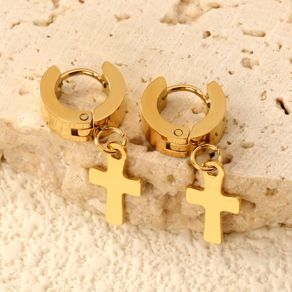 LUXUKISSKIDS Christian Cross Pendant Earrings Steel Punk Men/Woman Cross Charm Drop Earrings Huggie Round Ears Dangling Clips