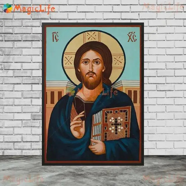 Christ Blessing Icon Orthodox Pantocrator Wall Art Unframed Canvas Painting for Church Room Decor