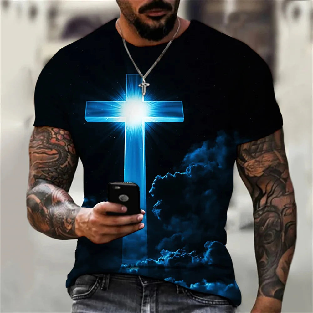 Christian T Shirts Oversized Tee Shirt Gothic Jesus Christ Cross 3D Print O-Neck Tops Vintage Hip Hop Short Sleeve Men Clothing