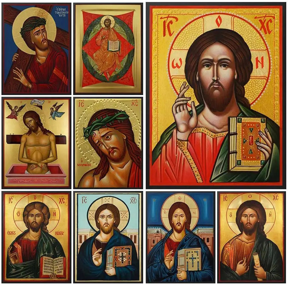 Christ Blessing Icon Orthodox Pantocrator Wall Art Unframed Canvas Painting for Church Room Decor