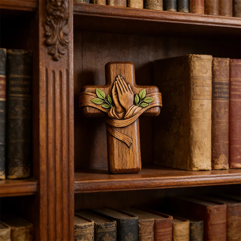 Mini Wooden Praying Hands Cross Table Ornament Christian Religious Decoration Home Room Figurines Children Adults Festival Gifts
