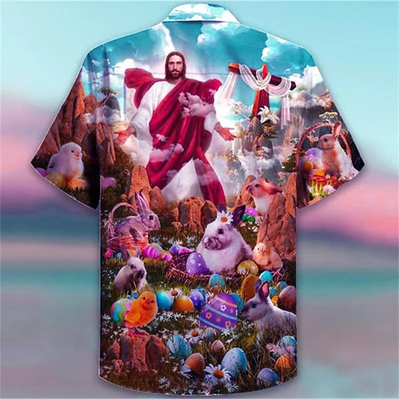 Jesus Christ Animal Shirts For Men Hawaiian 3d Printed Pattern Christians Mary Crucified Breathable Beach Casual Short Sleeved
