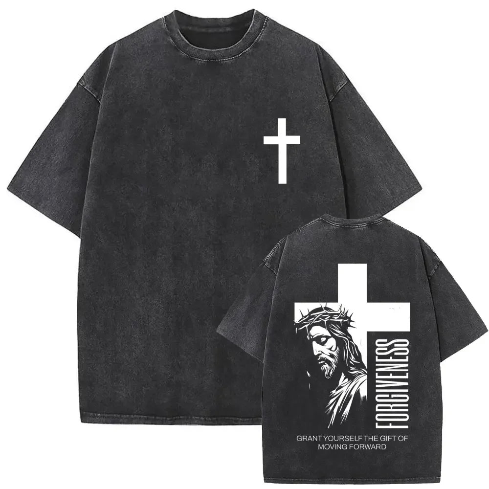 Christian Religious Jesus Forgive Them Father Vintage Washed T-shirt Men Women Gothic Rock Oversized T Shirts Tops Streetwear