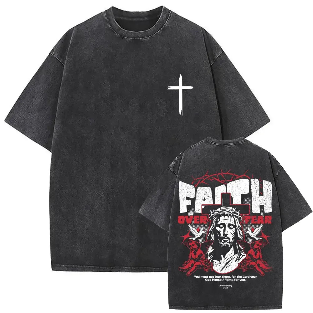 Christian Religious Jesus Forgive Them Father Vintage Washed T-shirt Men Women Gothic Rock Oversized T Shirts Tops Streetwear