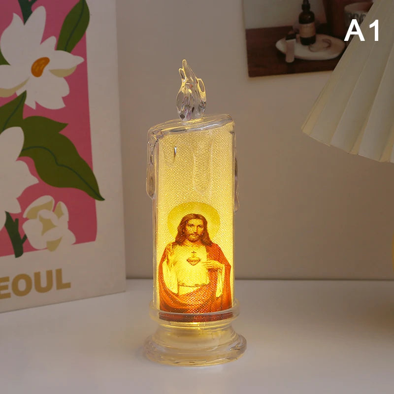 Flameless LED Prayer Candle with Jesus & Virgin Mary - Decorative Religious Night Light for Home Altar or Gift
