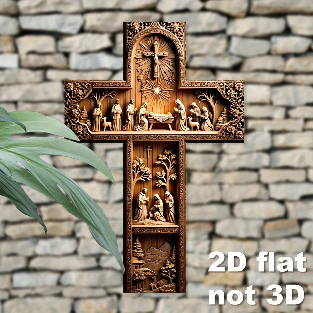 2D Flat Cross-Shaped Wall Decoration Jesus Christ Recycled Wood Christian Religion Artistic Scene Home Decor Faith-Based Design