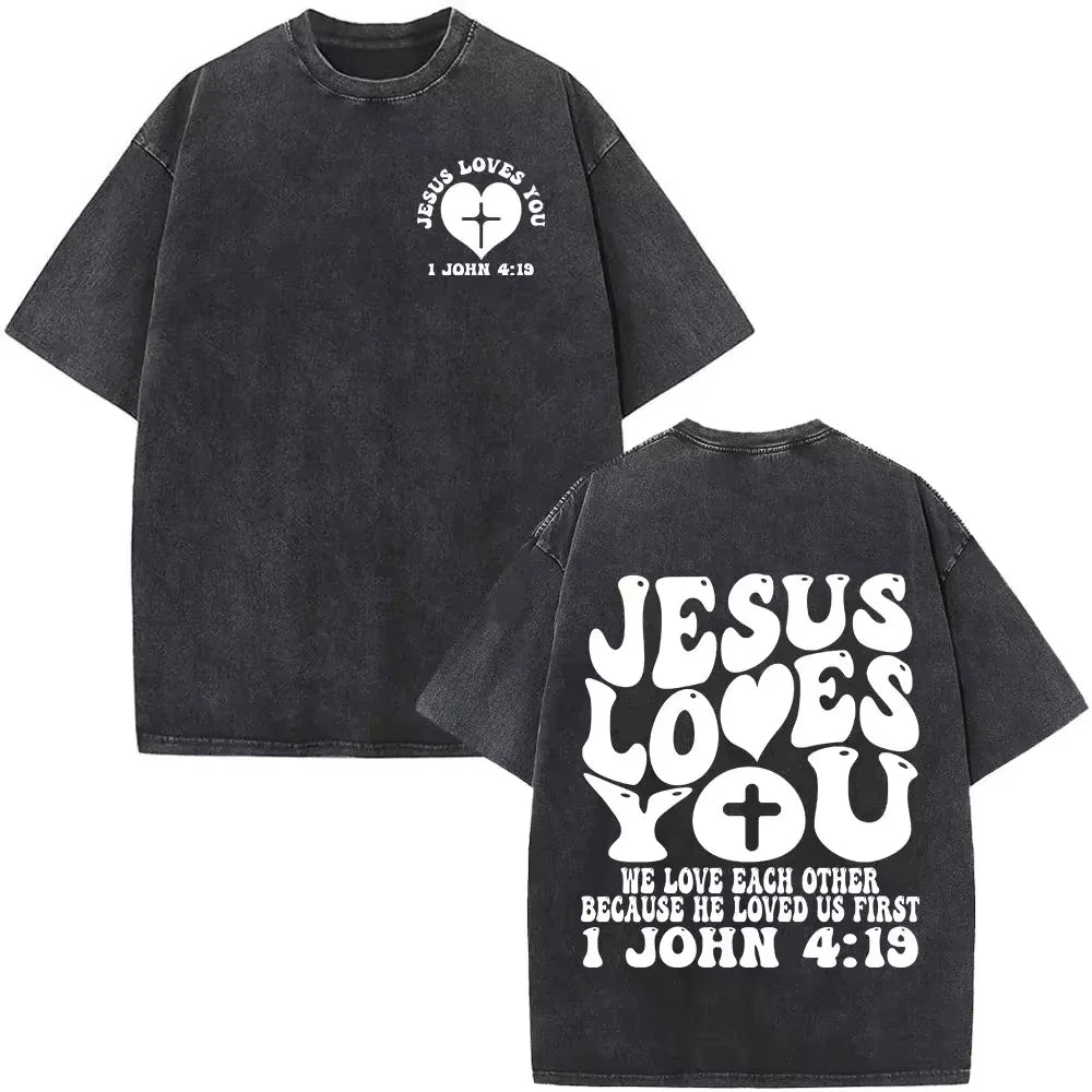 2026 new Christianity-themed patterned printed vintage washed water buffalo denim T-shirt  Fashion hip-hop short-sleeved T-shirt