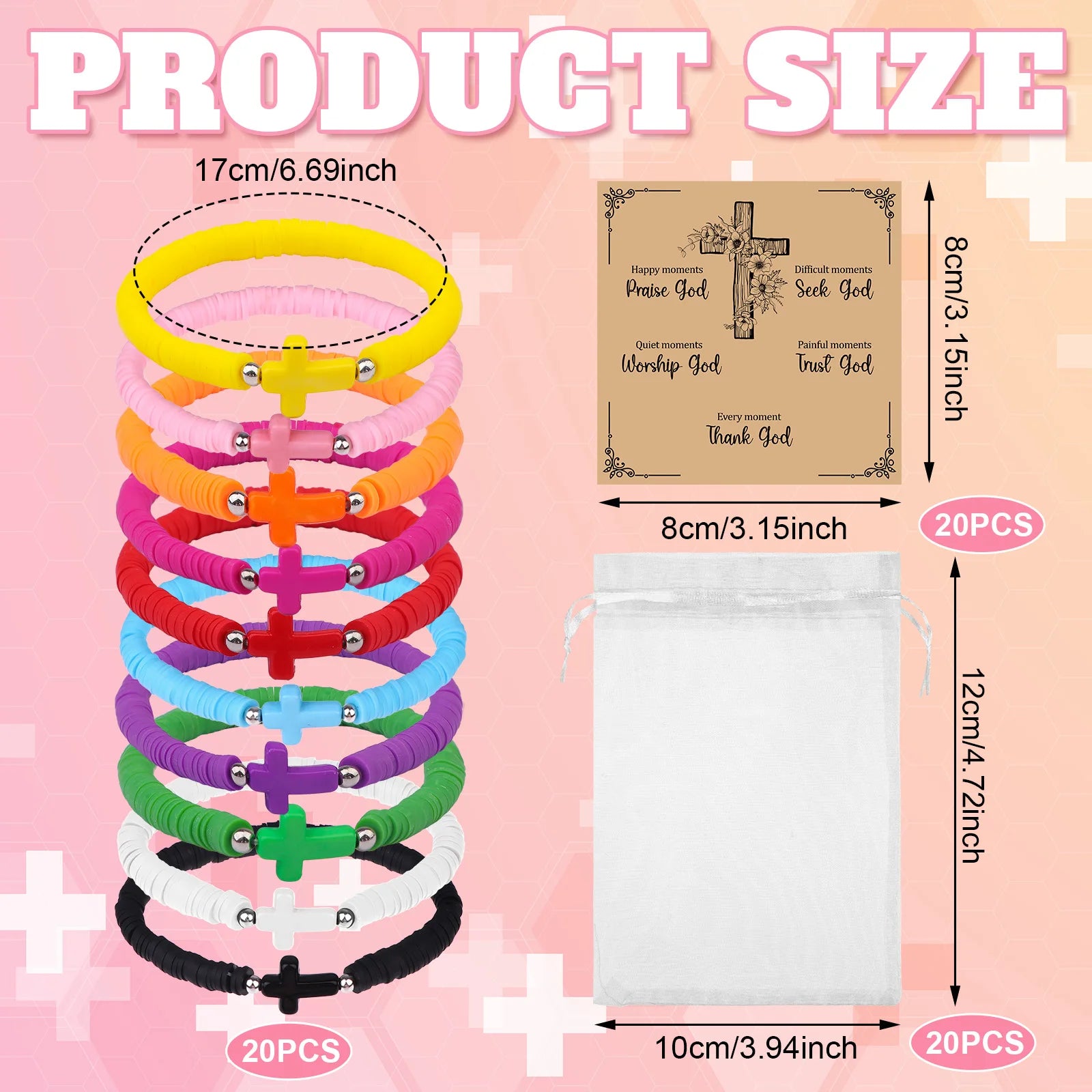 20 Sets Christian Gifts for Women Wen Cross Bracelets Bulk Jesus Friendship Bracelets with Cards Elastic Polymer Clay Beaded