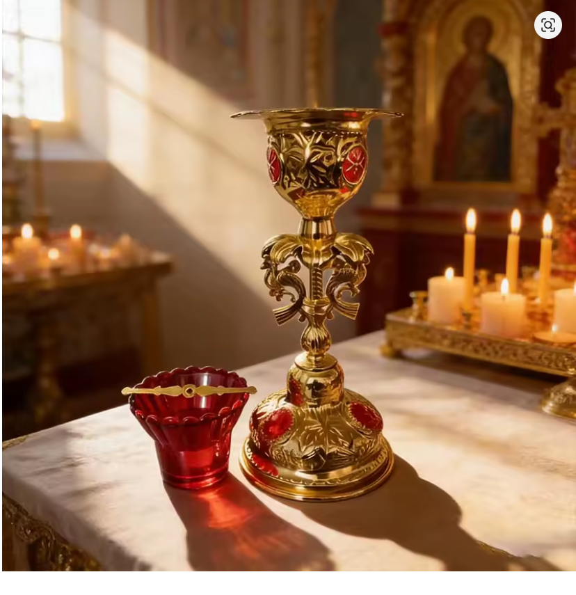 Luxury Orthodox Gold-Plated Altar Vigil Lamp with Red Enamel