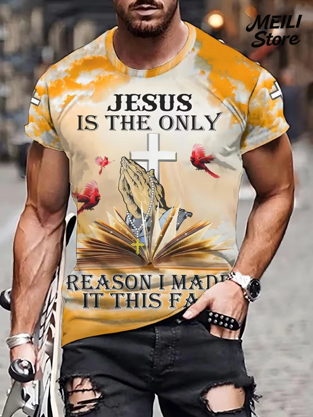 Men's 3D Jesus Print T-Shirt Short Sleeve Casual Crew Neck Praying Hands Design T Shirt for Men New in Oversized Tee Shirt Tops