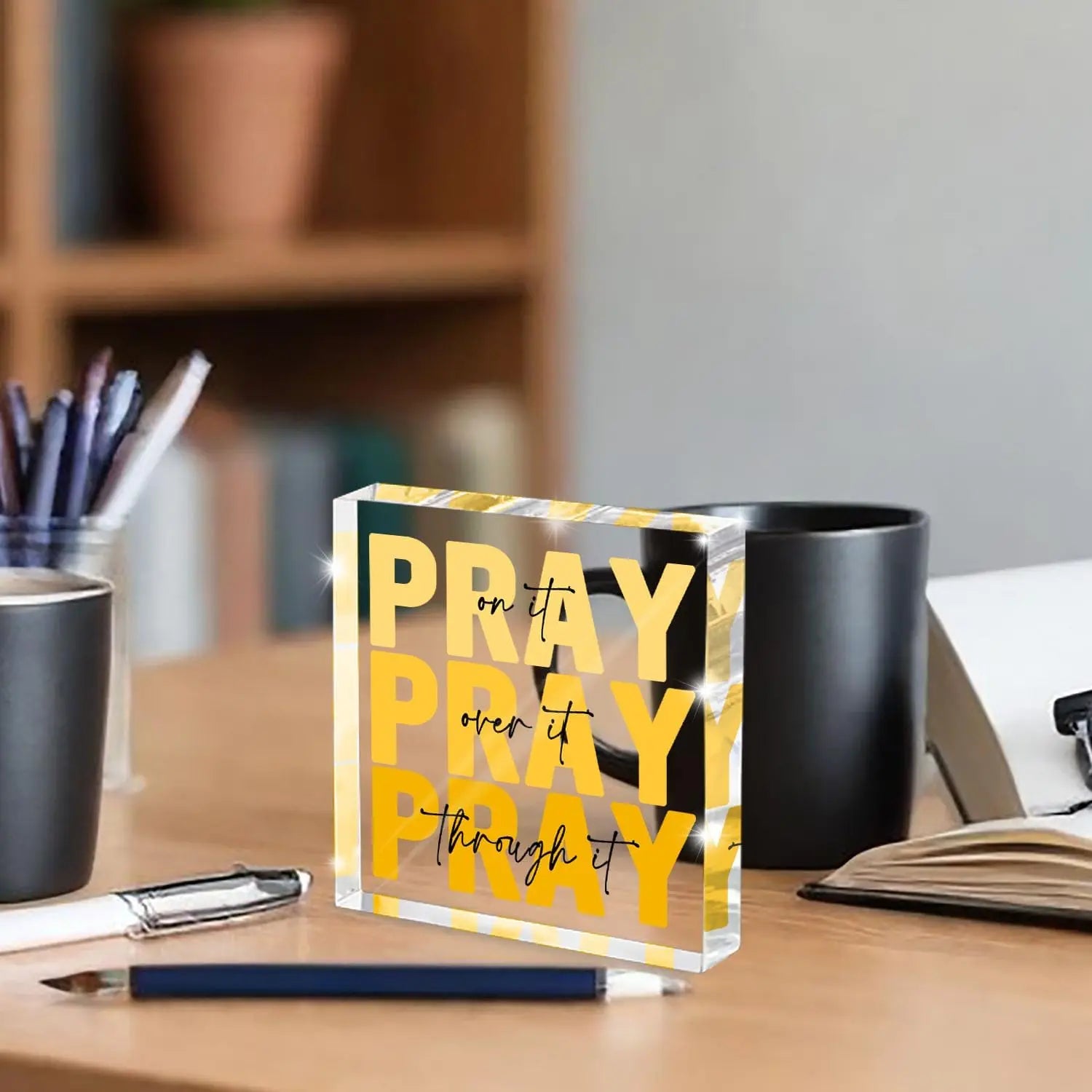 Yellow Dorm Room Decor for Women, Ideal Christian Gifts for Women - Pray On It,Pray Over It - Bible Verse Desk Art, Inspiration