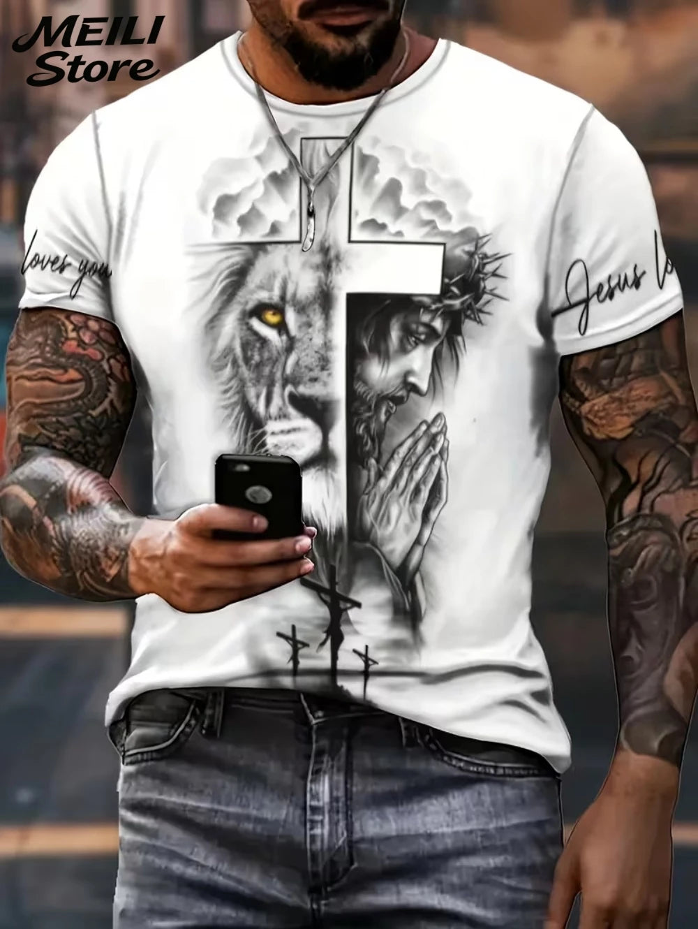 Men's 3D Jesus Print T-Shirt Short Sleeve Casual Crew Neck Praying Hands Design T Shirt for Men New in Oversized Tee Shirt Tops