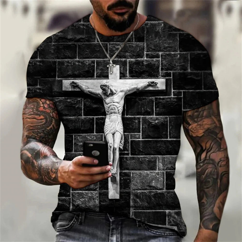 Christian T Shirts Oversized Tee Shirt Gothic Jesus Christ Cross 3D Print O-Neck Tops Vintage Hip Hop Short Sleeve Men Clothing