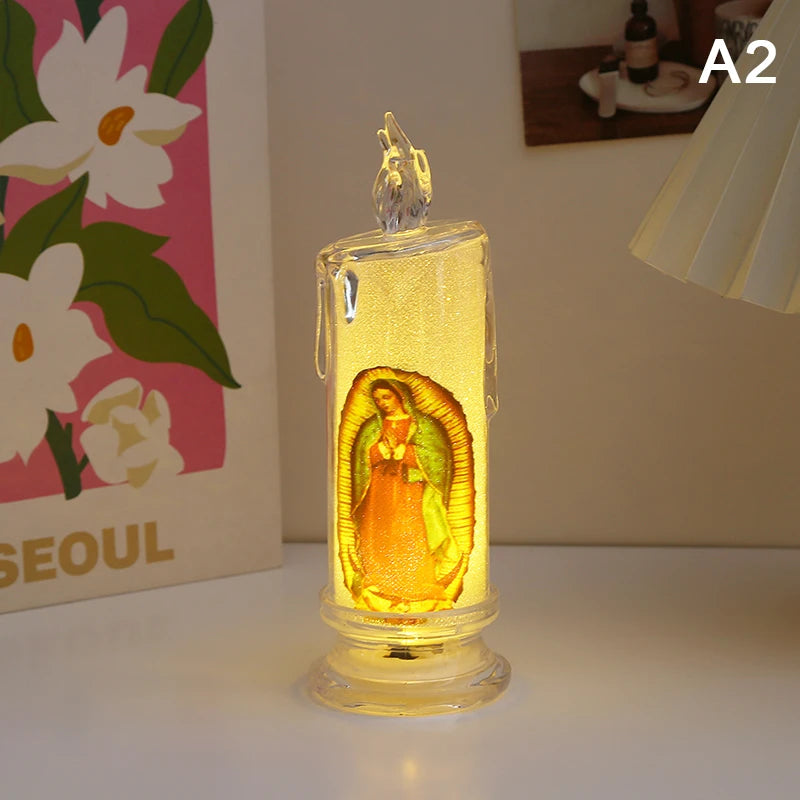 Flameless LED Prayer Candle with Jesus & Virgin Mary - Decorative Religious Night Light for Home Altar or Gift