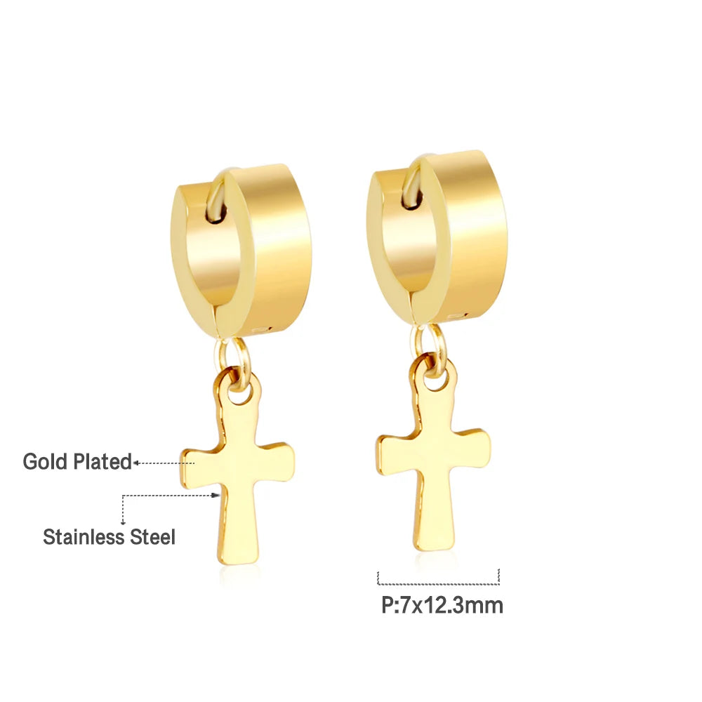 LUXUKISSKIDS Christian Cross Pendant Earrings Steel Punk Men/Woman Cross Charm Drop Earrings Huggie Round Ears Dangling Clips