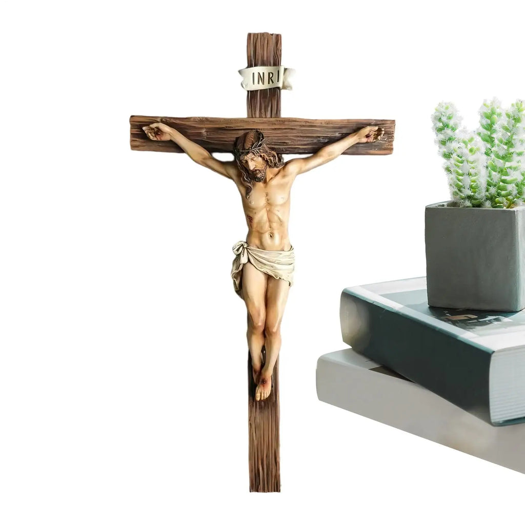 Religious Jesus Cross Crucifix Statue for Christian Home Decors Saint Catholic Figurine Crafts Wall Hanging Ornament
