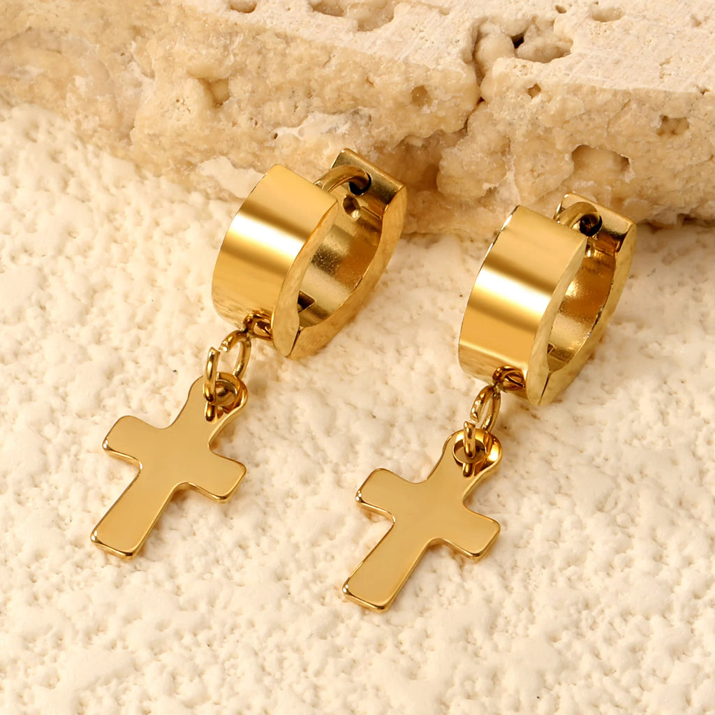 LUXUKISSKIDS Christian Cross Pendant Earrings Steel Punk Men/Woman Cross Charm Drop Earrings Huggie Round Ears Dangling Clips