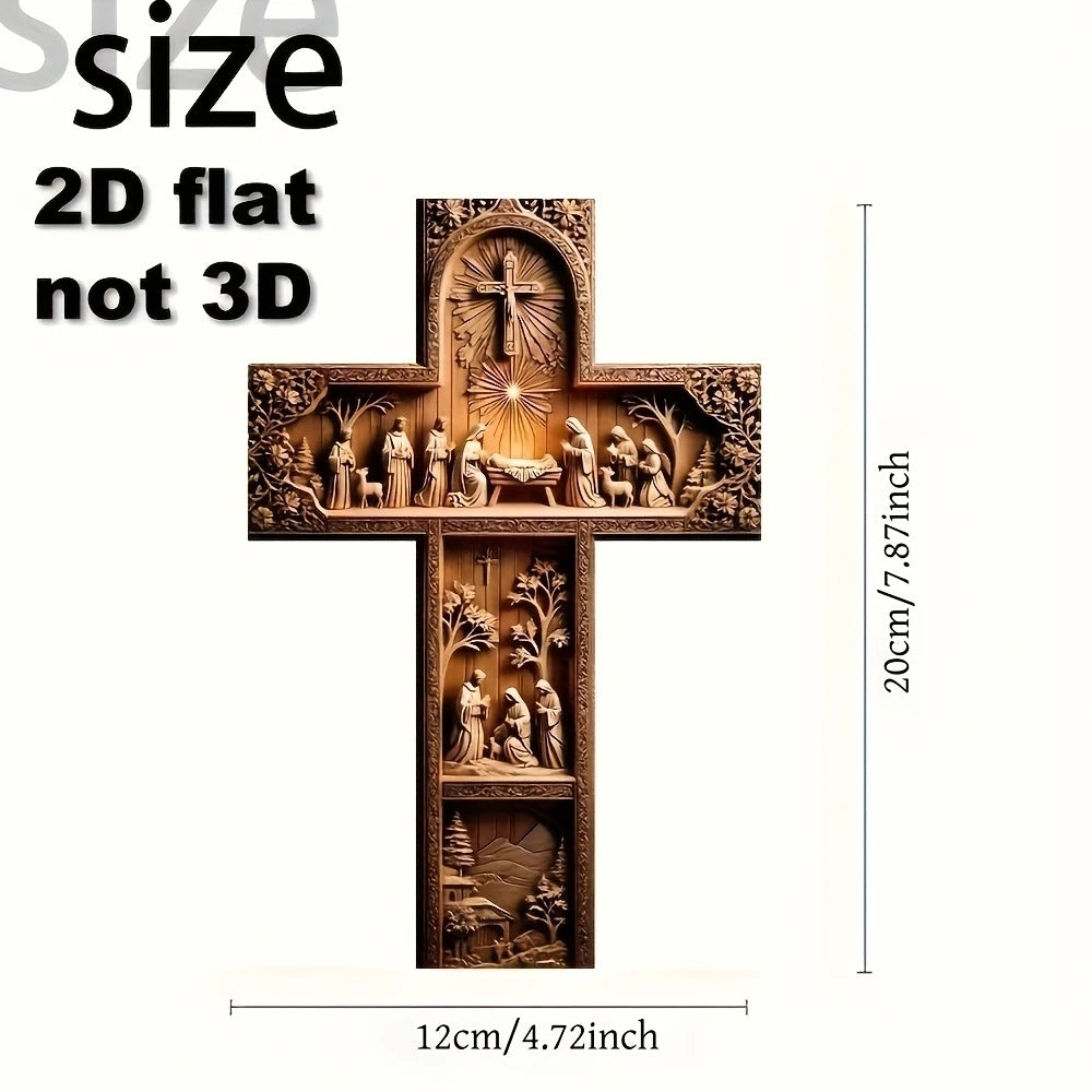 2D Flat Cross-Shaped Wall Decoration Jesus Christ Recycled Wood Christian Religion Artistic Scene Home Decor Faith-Based Design