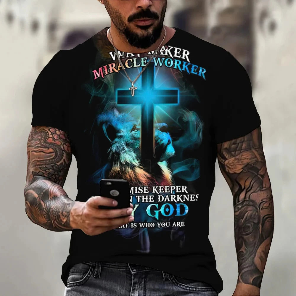 Christian T Shirts Oversized Tee Shirt Gothic Jesus Christ Cross 3D Print O-Neck Tops Vintage Hip Hop Short Sleeve Men Clothing