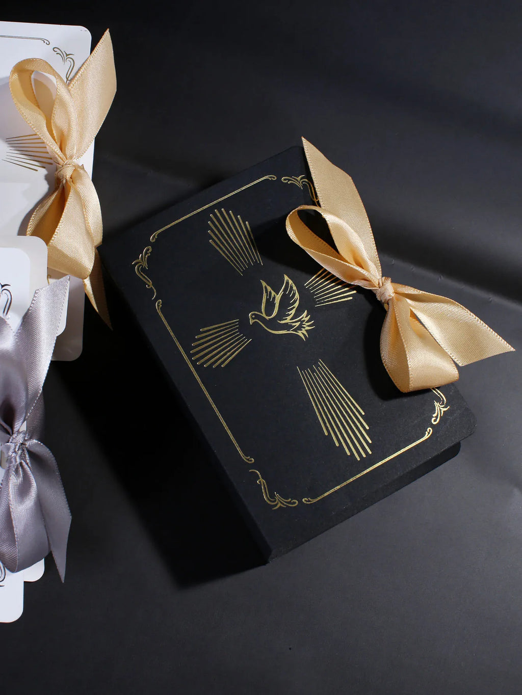 Christian baptism gift box, gold and silver ribbons, a dove in the cross pattern, baptism candy box, sacred baptism