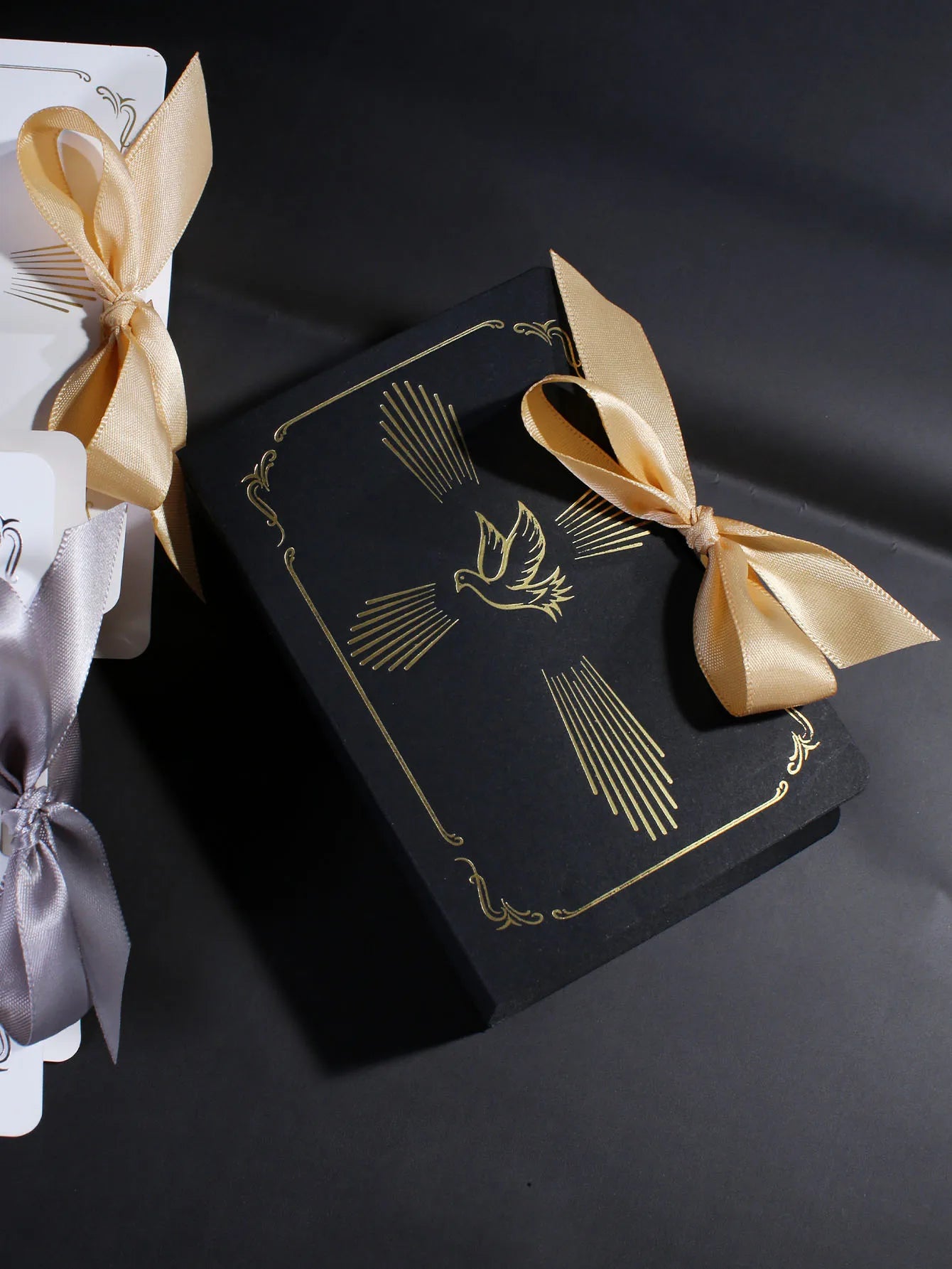 Christian baptism gift box, gold and silver ribbons, a dove in the cross pattern, baptism candy box, sacred baptism