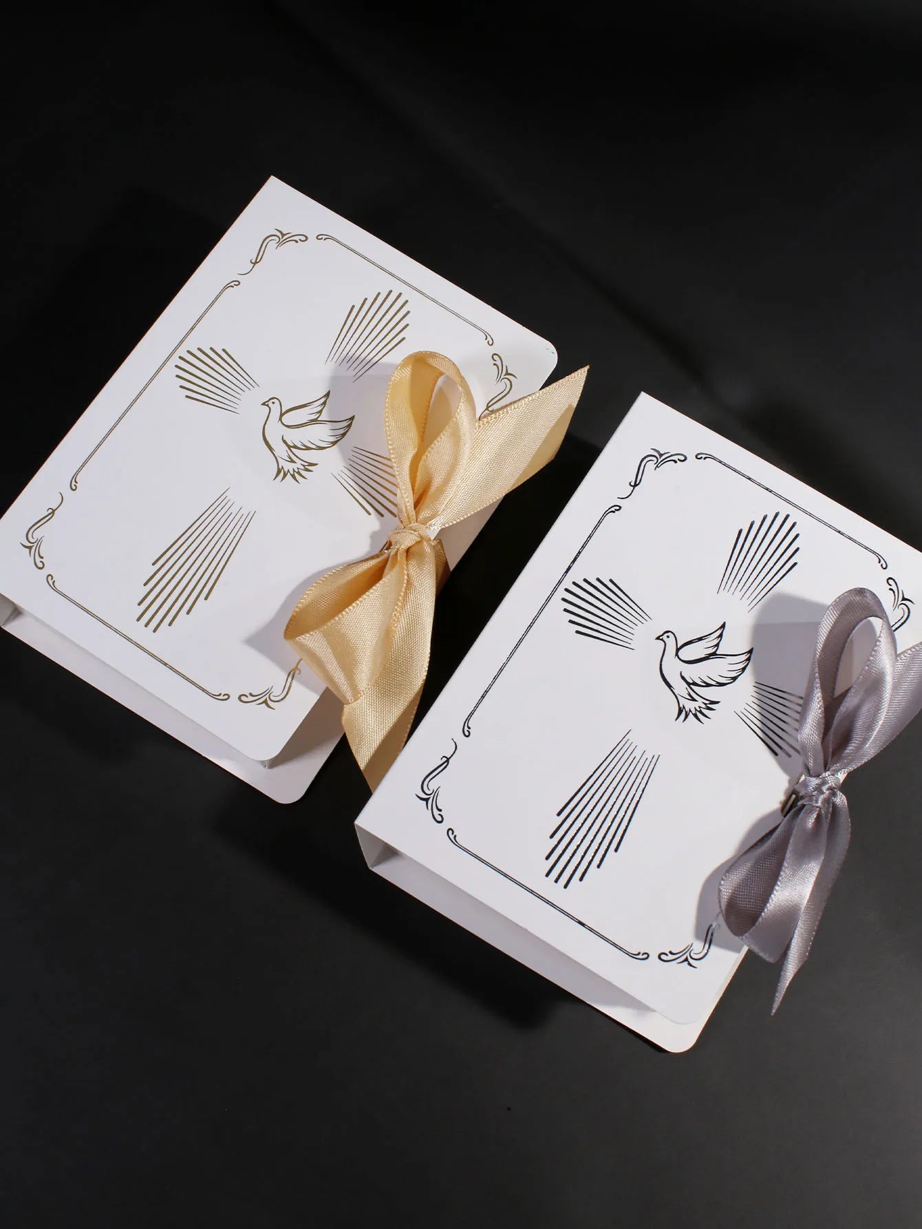 Christian baptism gift box, gold and silver ribbons, a dove in the cross pattern, baptism candy box, sacred baptism