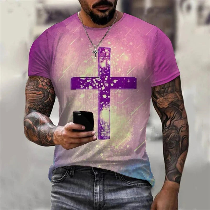 3D Print Christian T Shirts Oversized Tee Shirt Gothic Jesus Christ Cross O-Neck Tops Vintage Hip Hop Short Sleeve Men Clothing