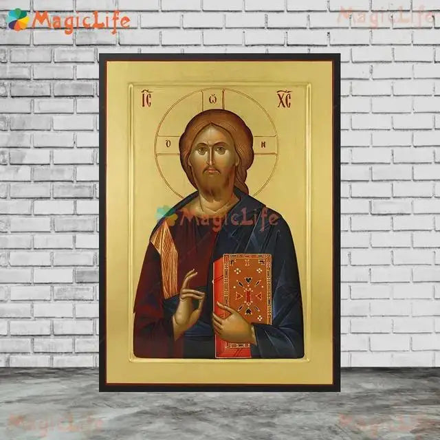 Christ Blessing Icon Orthodox Pantocrator Wall Art Unframed Canvas Painting for Church Room Decor