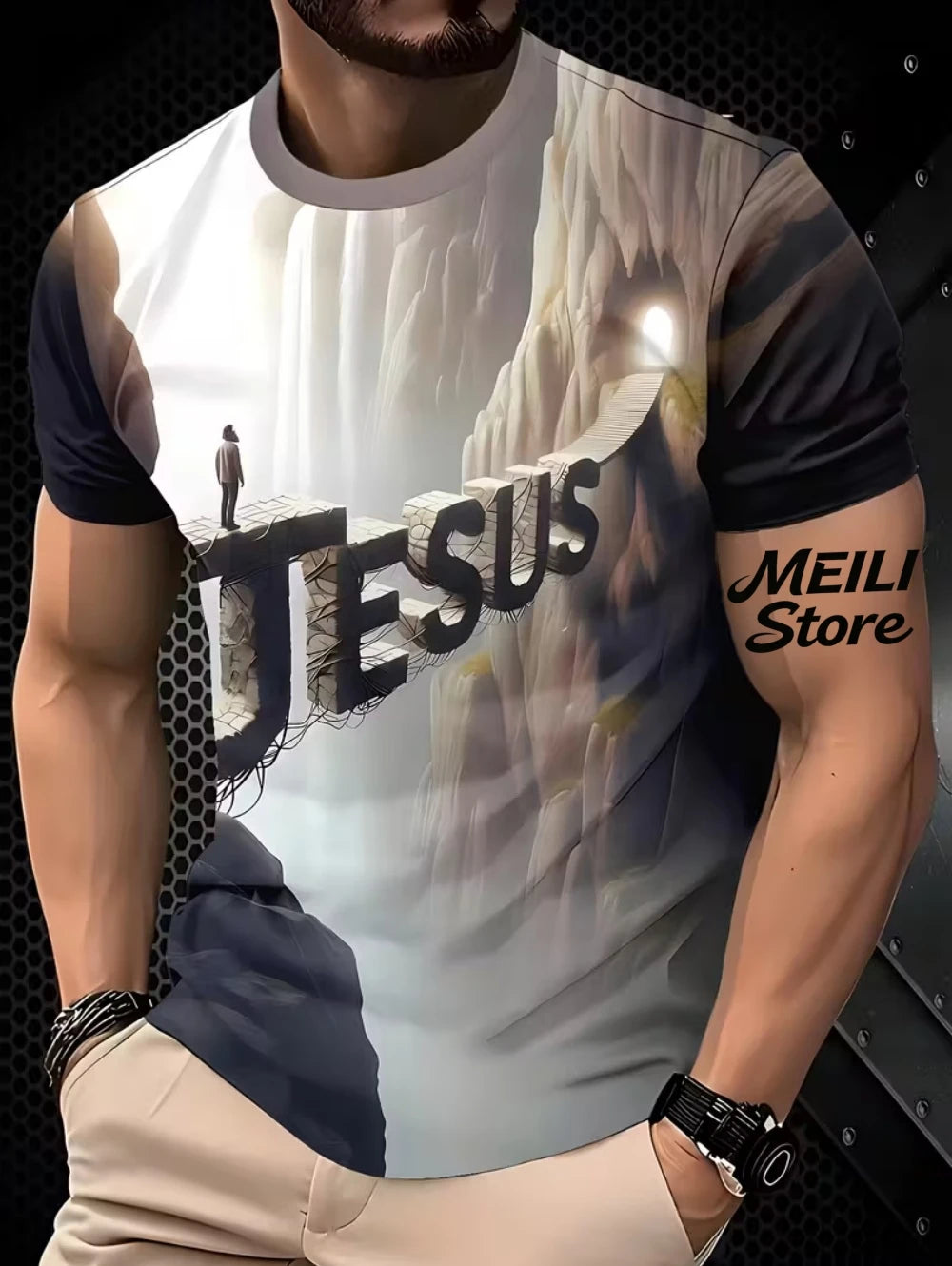 Men's 3D Jesus Print T-Shirt Short Sleeve Casual Crew Neck Praying Hands Design T Shirt for Men New in Oversized Tee Shirt Tops