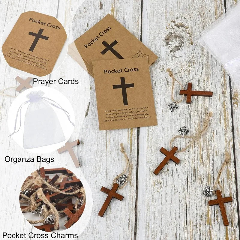 12 Set Cross Christian Party Favors Wooden Pocket Cross Charm Christian Religious Gifts Faith Based Comfort Baptism Gift
