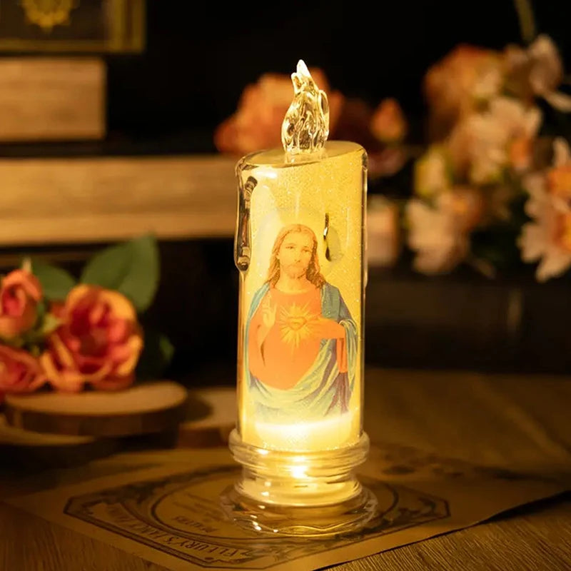Flameless LED Prayer Candle with Jesus & Virgin Mary - Decorative Religious Night Light for Home Altar or Gift