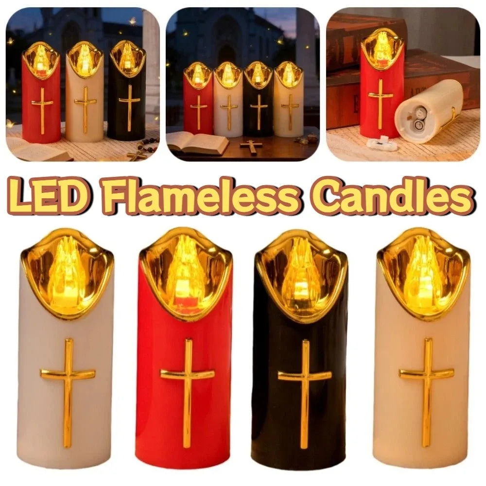 Resuable Christian Cross Candles Waterproof Creative LED Flameless Candles with Lampshade Portable Electronic Candle Light