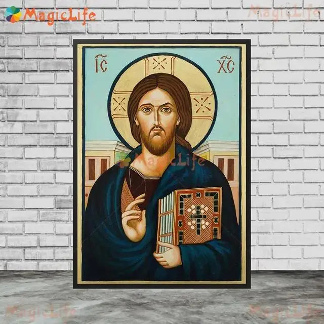 Christ Blessing Icon Orthodox Pantocrator Wall Art Unframed Canvas Painting for Church Room Decor