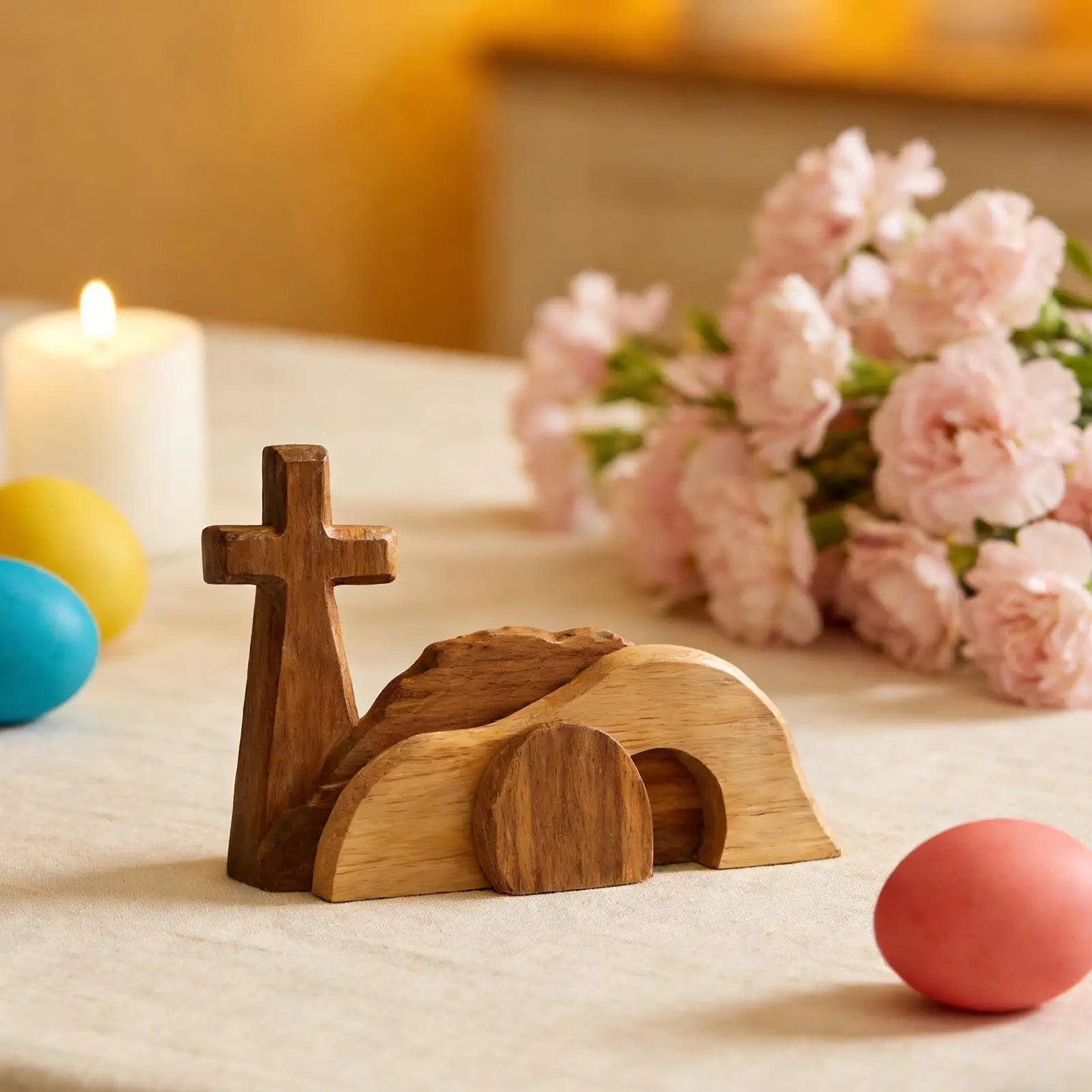 Christian Easter Empty Tomb Scene Wooden Tabletop Centerpiece Religious Decor for Home Church Shelf Desk Spring Holiday Display