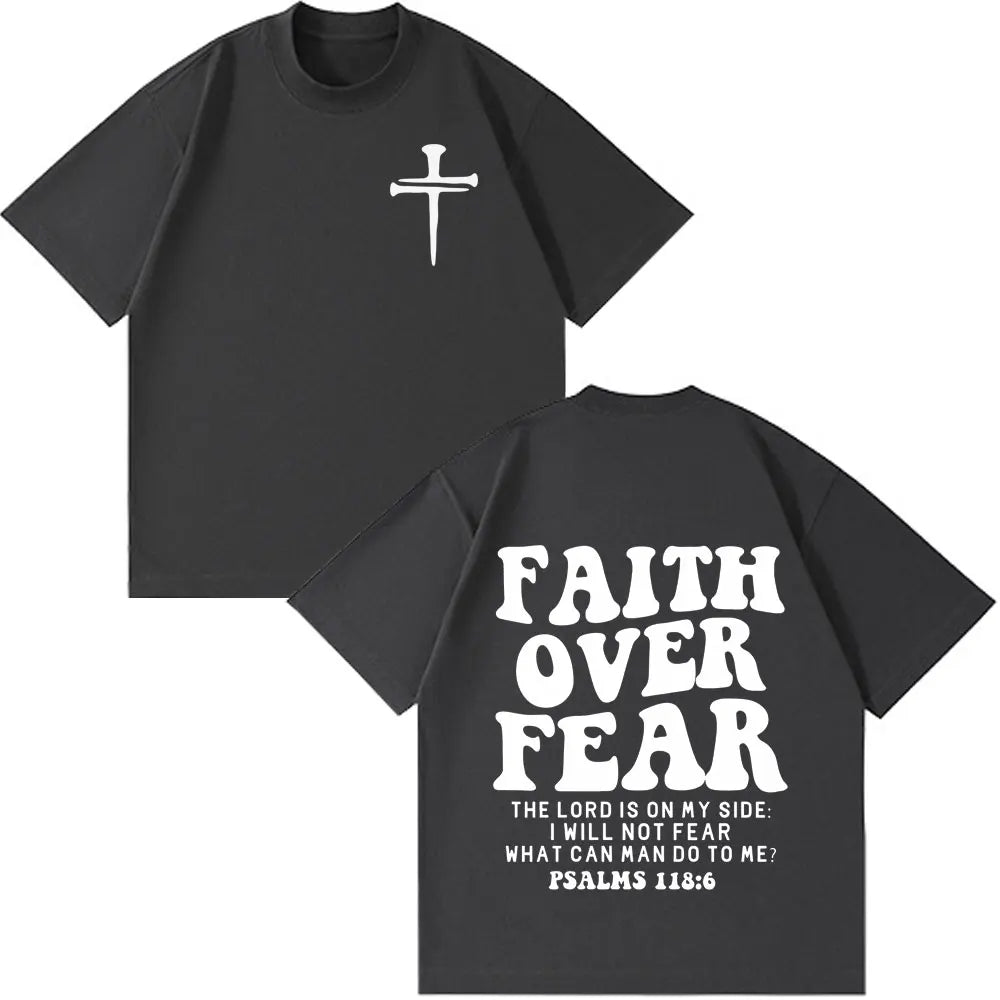 Faith Over Fear Christian Minimalist Cross Bible Verse Graphic T-Shirt Men Women Vintage T-shirt Loose Casual Oversized T-shirts