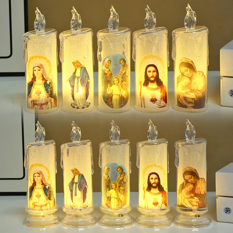 Flameless LED Prayer Candle with Jesus & Virgin Mary - Decorative Religious Night Light for Home Altar or Gift