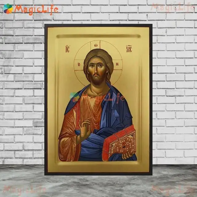 Christ Blessing Icon Orthodox Pantocrator Wall Art Unframed Canvas Painting for Church Room Decor