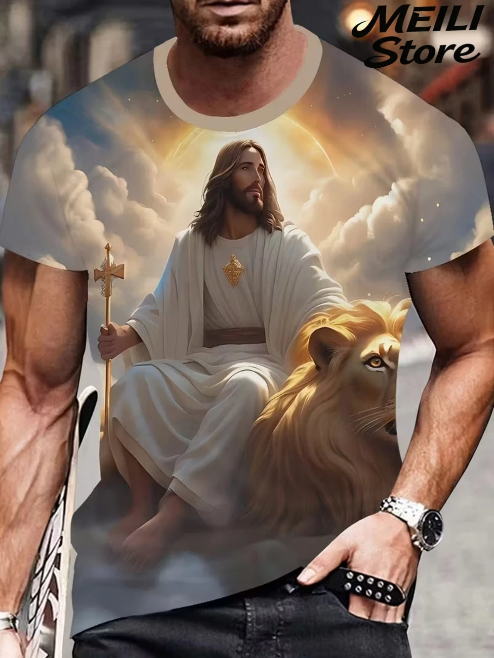 Men's 3D Jesus Print T-Shirt Short Sleeve Casual Crew Neck Praying Hands Design T Shirt for Men New in Oversized Tee Shirt Tops