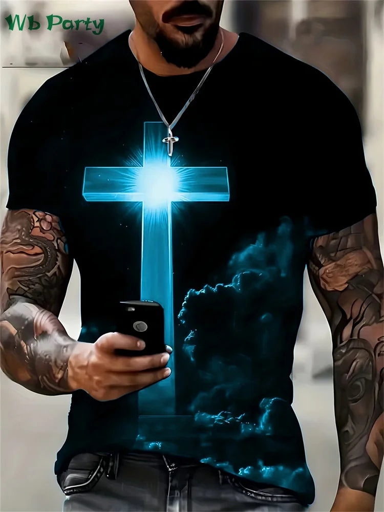 Fashion Crucifix Print Mens Clothing Round Neck T-shirts for Men Casual Loose Men's Clothing Street Crucifix Graphic T shirts