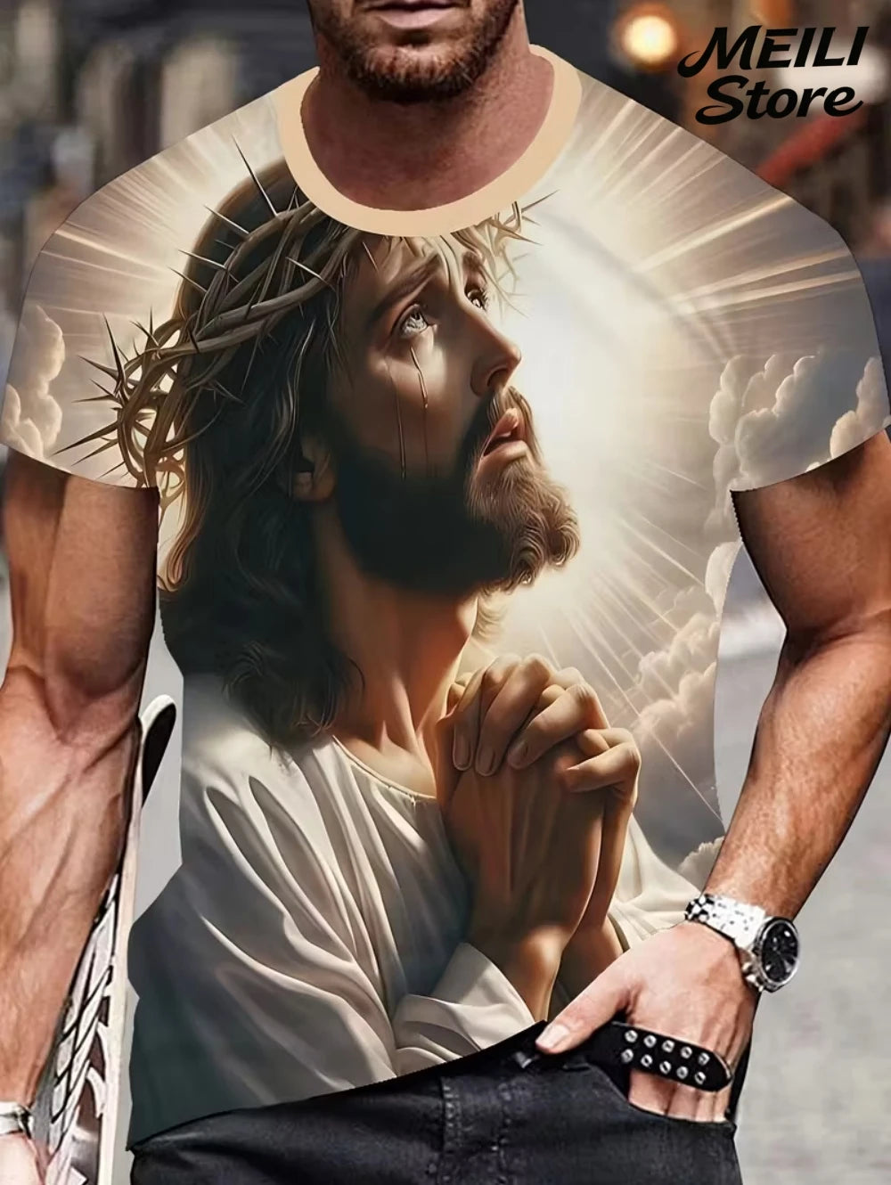 Men's 3D Jesus Print T-Shirt Short Sleeve Casual Crew Neck Praying Hands Design T Shirt for Men New in Oversized Tee Shirt Tops