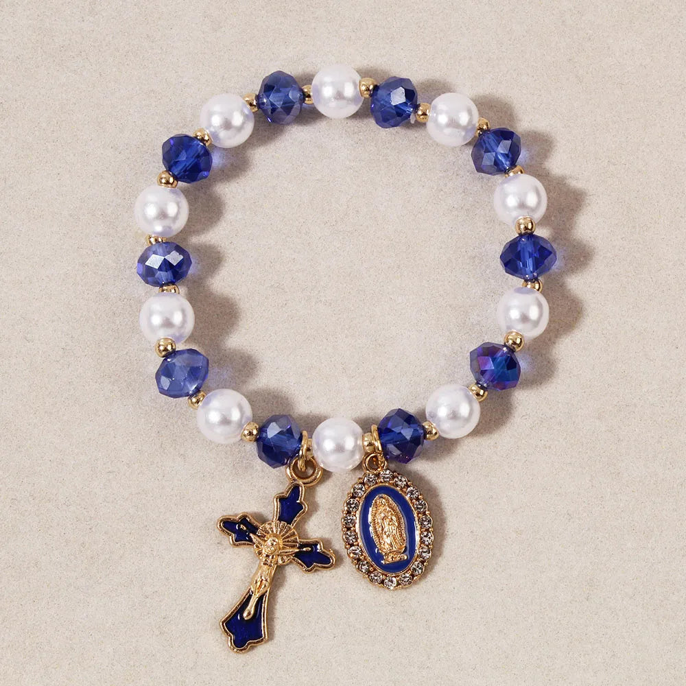 Christian Crystal Pearl Bracelet Jesus Cross Virgin Mary Pendant Religious Jewelry for Women Boho Y2K Prayer Wrist Jewelry Gift