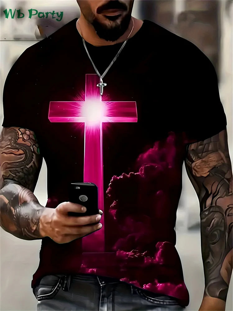 Fashion Crucifix Print Mens Clothing Round Neck T-shirts for Men Casual Loose Men's Clothing Street Crucifix Graphic T shirts